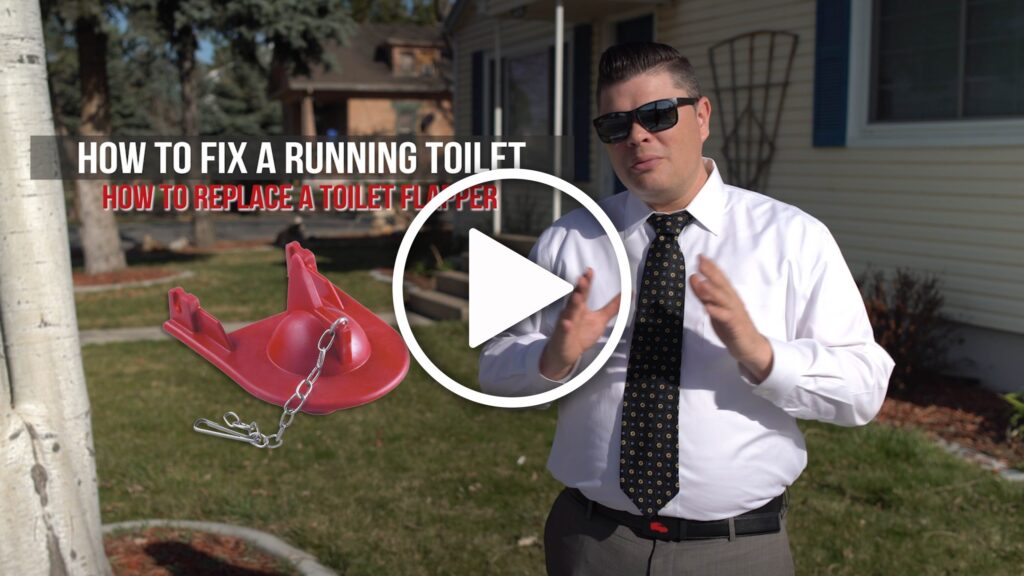 A man in a dress shirt and tie stands outside a house, next to text about fixing a running toilet and replacing a toilet flapper, with a toilet flapper image and play button overlay.