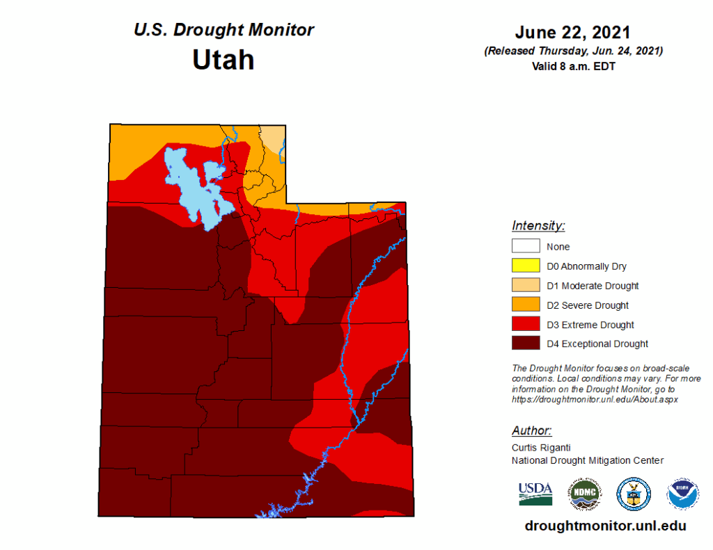 Map of Utah showing drought intensity as of June 22, 2021, with most areas in extreme or exceptional drought, especially in the central and southern regions.