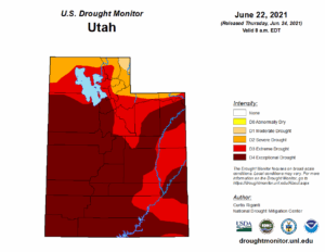 %Title% | Any Hour Services Map of Utah showing drought intensity as of June 22, 2021, with most areas in extreme or exceptional drought, especially in the central and southern regions.