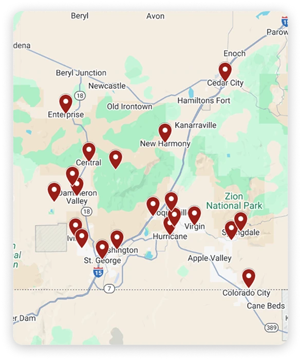 A map of southwestern Utah highlighting our Service Area with multiple red pins in and around St. George, Cedar City, Zion National Park, and nearby towns.