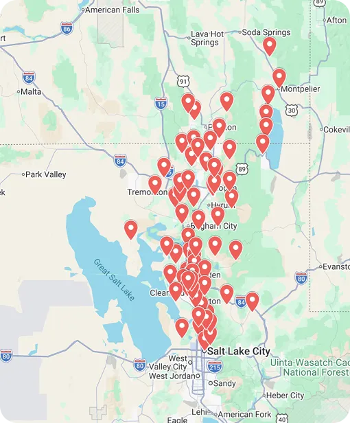 A map shows Any Hour Services’ coverage area in northern Utah and southeastern Idaho, with red markers near Salt Lake City and beyond.