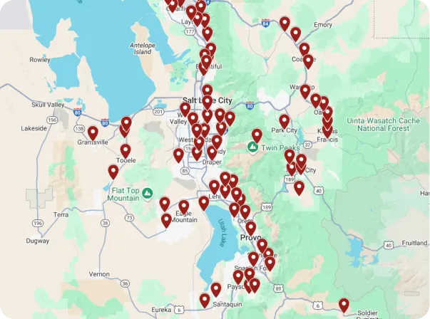 A map of northern Utah shows Any Hour Services’ Service Area with red pins near Salt Lake City, Provo, and nearby communities.