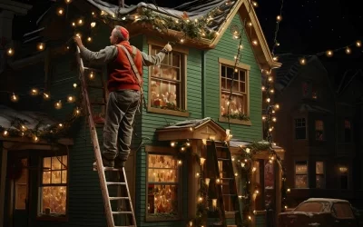 A man decorates a green house with Christmas lights at night. He stands on a ladder, surrounded by glowing lights, creating a festive atmosphere.