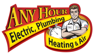 Logo for Any Hour Electric, Plumbing, Heating & Air featuring a smiling technician with crossed arms, a stopwatch, and a bold, professional tone.