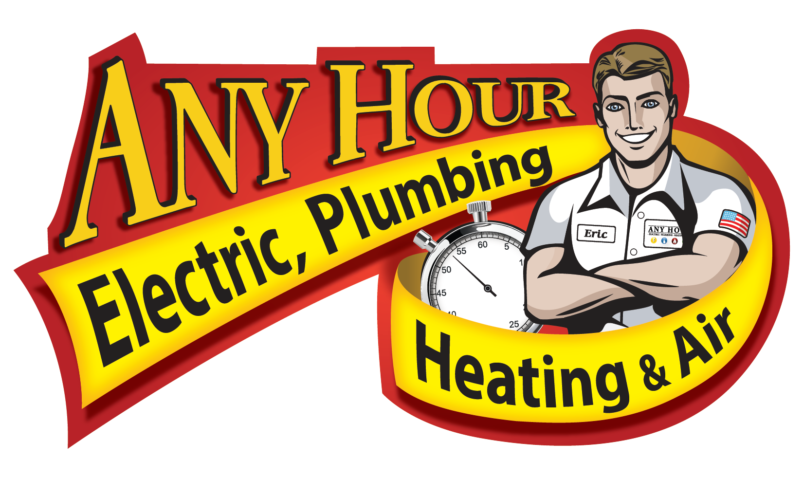 Logo for Any Hour Electric, Plumbing, Heating & Air featuring a smiling technician with crossed arms, a stopwatch, and a bold, professional tone.