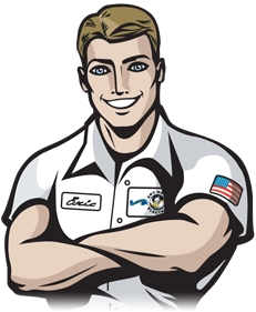 Cartoon of a smiling man with blonde hair in a white uniform shirt, crossed arms, name tag, embroidered logo, and U.S. flag patch, conveying confidence.