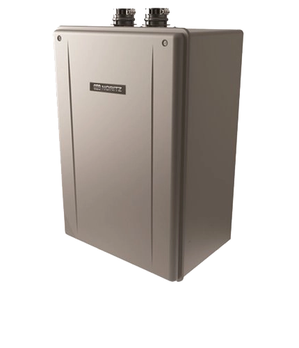 A sleek, metallic water heater with a rectangular design. It features several black and brass-colored connecting valves on top, suggesting a modern, industrial aesthetic.