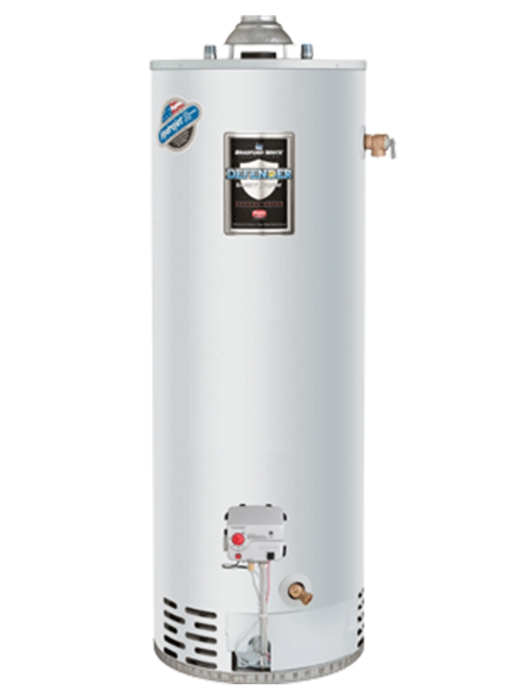 Tall, white cylindrical water heater with a control panel and safety labels. The modern design suggests efficiency and reliability.