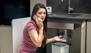 %Title% | Any Hour Services A woman on the phone kneels by an open sink cabinet, looking concerned, with plumbing pipes visible underneath the sink.