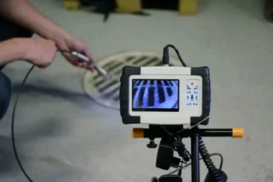 A person uses a sewer inspection camera to examine the inside of a drainage grate, with the camera’s monitor showing the grate’s interior.