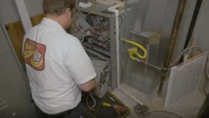 %Title% | Any Hour Services A technician in a uniform repairs an open furnace, surrounded by tools and wiring in a basement utility area.