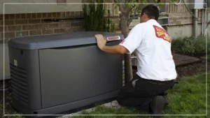 %Title% | Any Hour Services A technician kneels on grass beside a Honeywell standby generator outside a brick building, inspecting the unit.