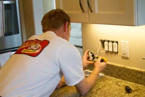 %Title% | Any Hour Services A technician installs or repairs electrical switches on a kitchen wall above a granite countertop, using tools and wearing a company uniform.