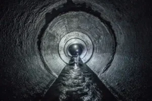 A view inside a circular, concrete sewer tunnel with water flowing along the bottom, illuminated by light from the far end.