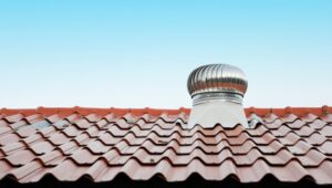 A metal turbine roof ventilator is installed on a red tile roof against a clear blue sky.