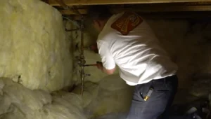 A person in a white shirt and jeans repairs pipes inside a crawlspace with insulation material on the walls and ceiling.