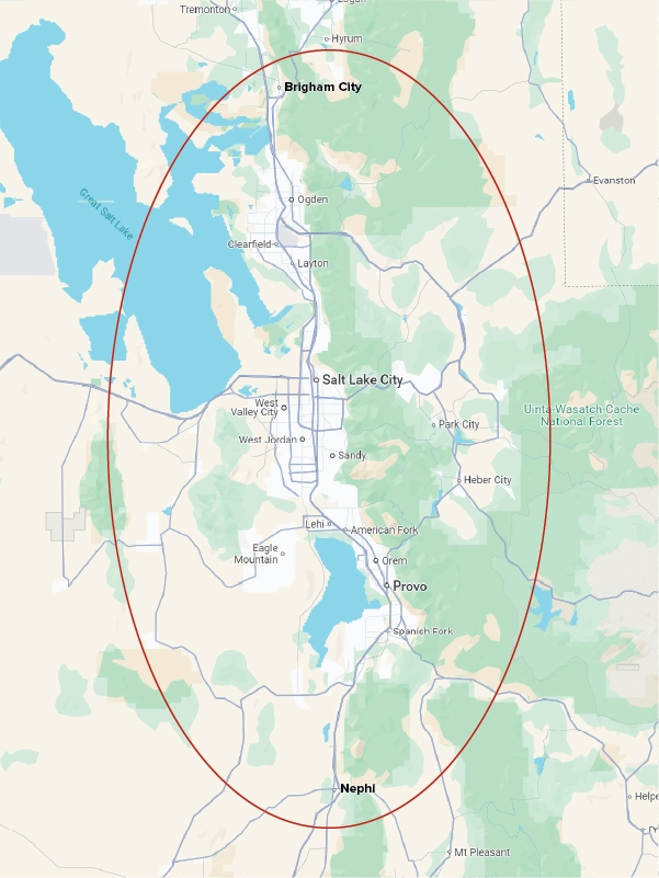 Map showing Utah cities: Brigham City, Ogden, Salt Lake City, Provo, and Nephi. A red oval outlines the region with roads and green areas.