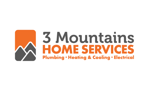 Logo for 3 Mountains Home Services featuring a stylized mountain in orange and gray. Text reads Home Services: Plumbing, Heating & Cooling Electrical.