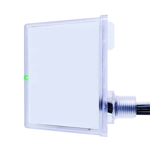 Square glass panel with a green LED indicator on the side, connected via a cable. Suggesting an AC surge protector