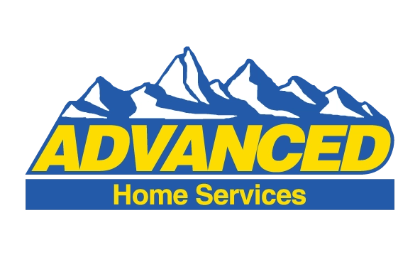 Logo for Advanced Home Services featuring stylized blue and white mountains above bold yellow ADVANCED text, with Home Services below in smaller yellow text.