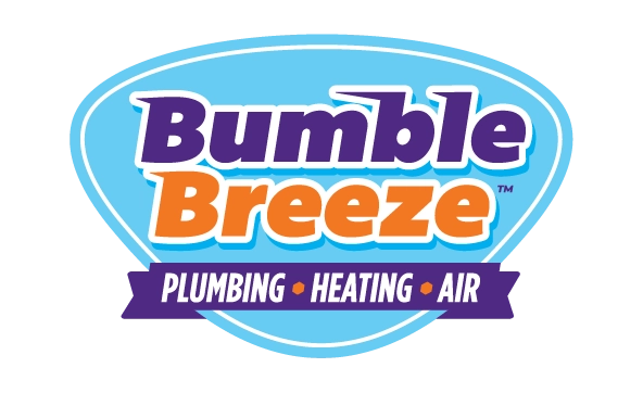 Logo featuring Bumble Breeze in bold purple and orange text on a light blue oval. Below, a purple band reads Plumbing • Heating • Air, conveying reliability.