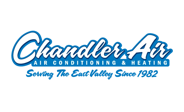 Logo for Chandler Air, featuring bold blue and white script font stating Chandler Air, with smaller text, Air Conditioning & Heating. Warm and professional tone.