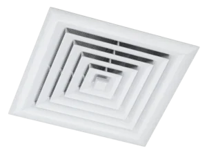 White ceiling vent with a geometric, layered design forming concentric square patterns. The image conveys a sense of modernity and simplicity.