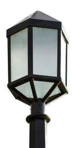 Hexagonal street lamp with frosted glass panels and a black metal frame, exuding a modern and minimalistic design.