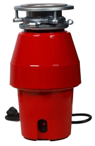 Bright red kitchen garbage disposal unit on a white background. Features metallic mounting hardware on top and a power cord extending from the side.