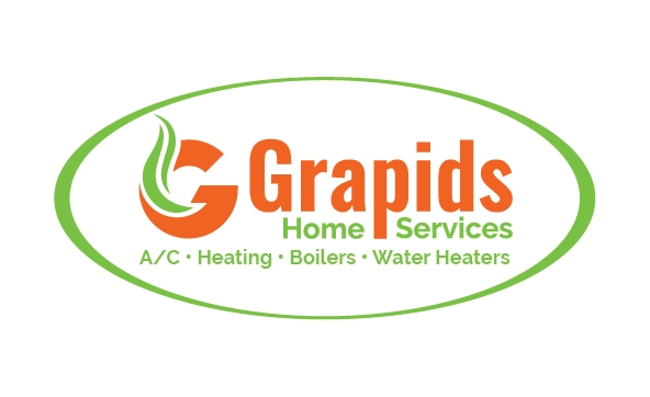 Logo for Grapids Home Services with green and orange colors. Includes text: A/C, Heating, Boilers, Water Heaters inside a green oval border.