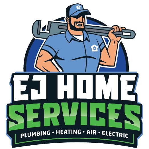 Cartoon handyman in blue uniform holding a wrench, representing EJ Home Services. Text includes Plumbing, Heating, Air, Electric. Friendly and professional tone.