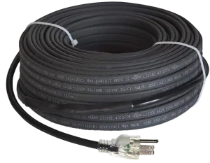 A coiled black heating cable with printed specifications, secured with white ties, lies against a white background. The plug is visible, indicating functionality.