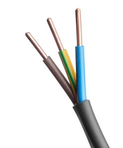 Close-up of three stripped electrical wires with copper tips, encased in brown, green, and blue sleeves, emerging from a black cable.