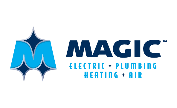 Logo for Magic Electric, Plumbing, Heating + Air features a stylized blue M with a starburst design. Text is in bold blue and black fonts.