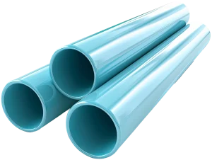 Three glossy, light blue PVC pipes lie parallel, with smooth surfaces reflecting light, conveying a clean, industrial tone.