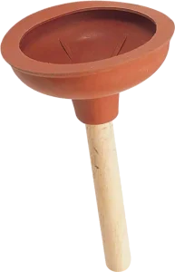 A red rubber sink plunger with a wooden handle. The plunger is slightly tilted, showing its flat suction cup and textured wood surface.