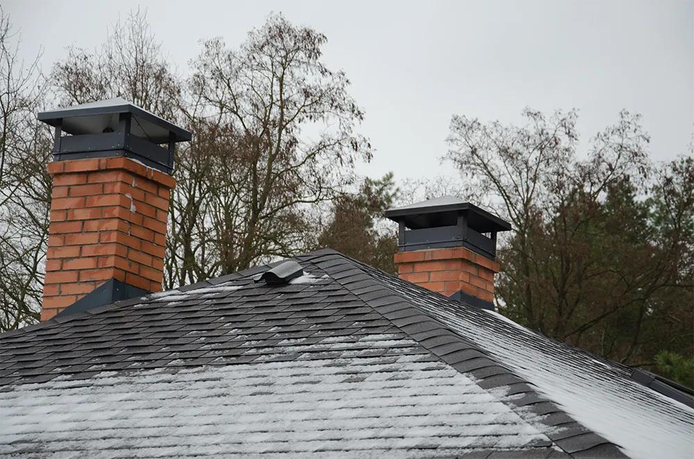 Rooftop with light snow cover and two brick chimneys against a backdrop of bare trees in a cloudy sky, conveying a cold, wintry atmosphere.