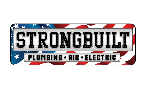 Bold STRONGBUILT text on a patriotic American flag background, with Plumbing • Air • Electric underneath, conveying strength and reliability.