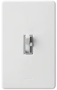 White light switch with a vertical sliding dimmer on a simple background. Minimalist design conveys a clean and modern aesthetic.