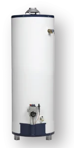 A tall, white cylindrical water heater with a dark blue base and top, featuring a control panel and pipes.