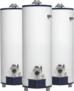 Three tall, white cylindrical water heaters with dark blue bases and tops, featuring a control panel and pipes, side by side.