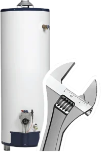 A white water heater with a blue base in the background. In the foreground, a large silver adjustable wrench angled diagonally, suggesting repair or maintenance.