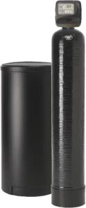 Tall black water softener tank with a digital control head, next to a shorter, cylindrical black salt container. Modern, sleek design.