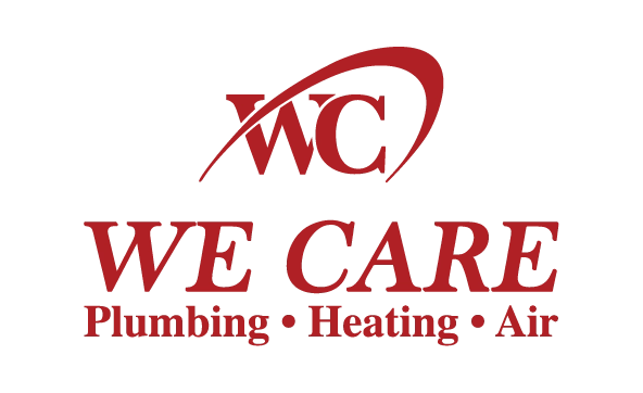 The image features a logo with WC in red stylized letters above the phrase WE CARE in bold red font. Below, it says Plumbing - Heating - Air. The tone is professional and caring.