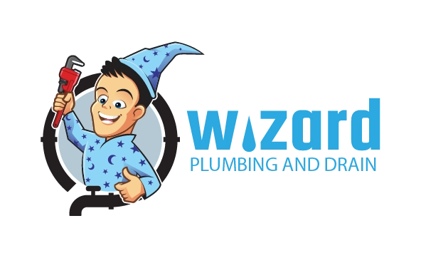 Cheerful cartoon wizard in blue robe and hat holds a red wrench, next to bold blue text Wizard Plumbing and Drain, conveying a friendly service.