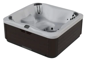 Modern square hot tub with gray interior and brown exterior paneling. Features multiple jets and rounded seats, conveying relaxation and luxury.