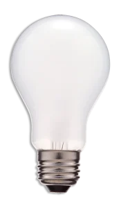 A clear incandescent light bulb with a metal screw base is centered on a white background, conveying a sense of simplicity and potential inspiration.