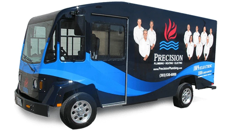 A blue utility truck features the Precision logo with stylized water and flame icons. Images of uniformed technicians and contact info are prominently displayed.