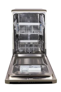 Open dishwasher with empty stainless steel racks and a visible detergent compartment. The sleek, modern design conveys cleanliness and efficiency.