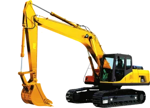 A large yellow excavator with a long articulated arm and a digging bucket sits on black tracks.